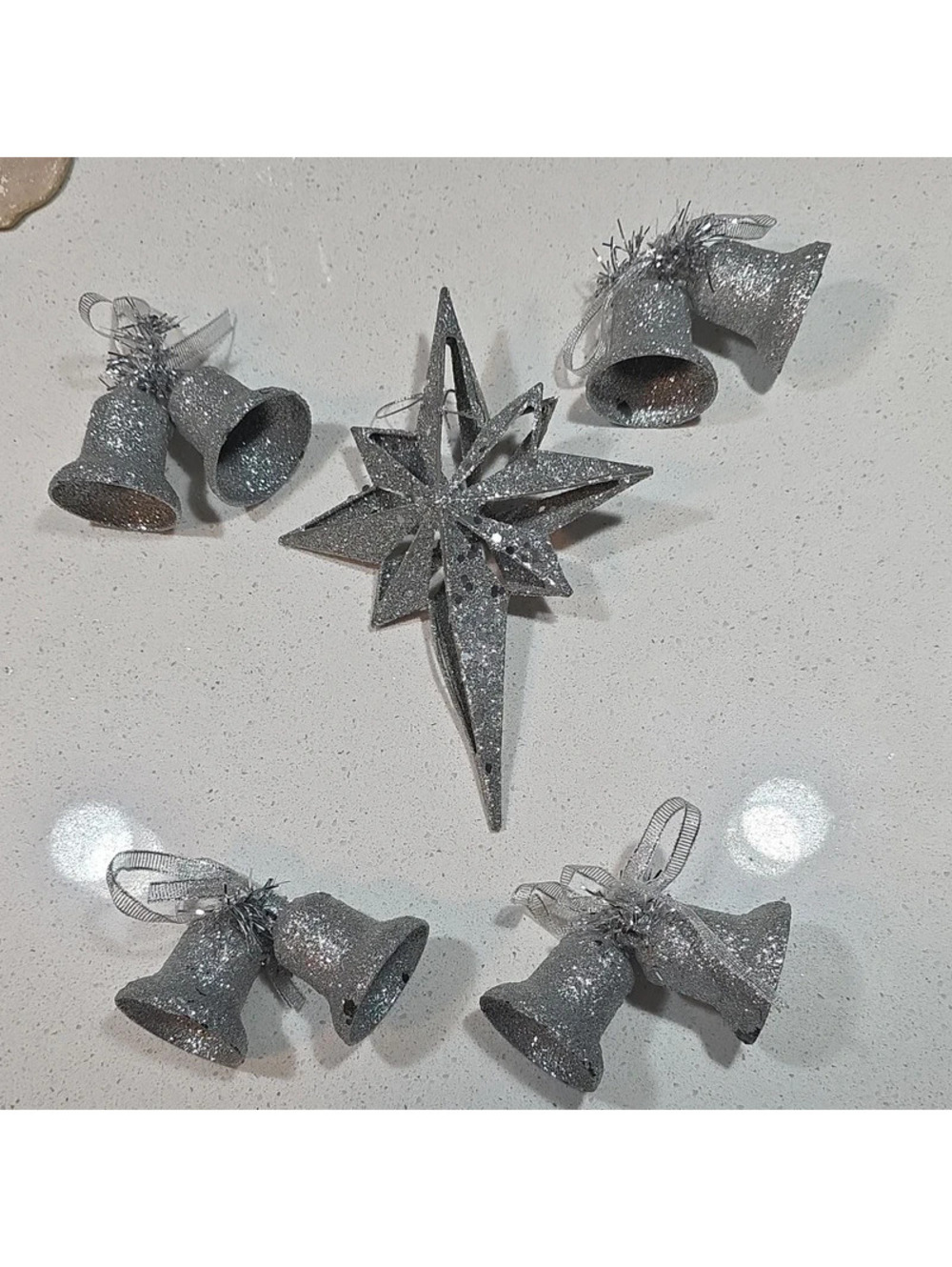 Set of Silver Glitter Christmas Bell and Star Ornaments